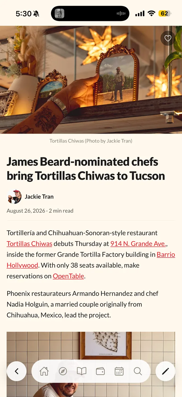 A Tucson Foodie article open in the app's reader