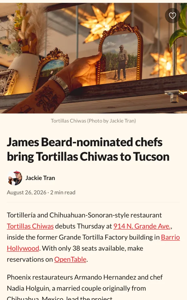 A Tucson Foodie article open in the app's reader