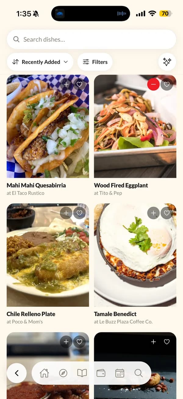 The dish directory — a grid of dishes, each named with the restaurant serving it, above search, sorting and filters