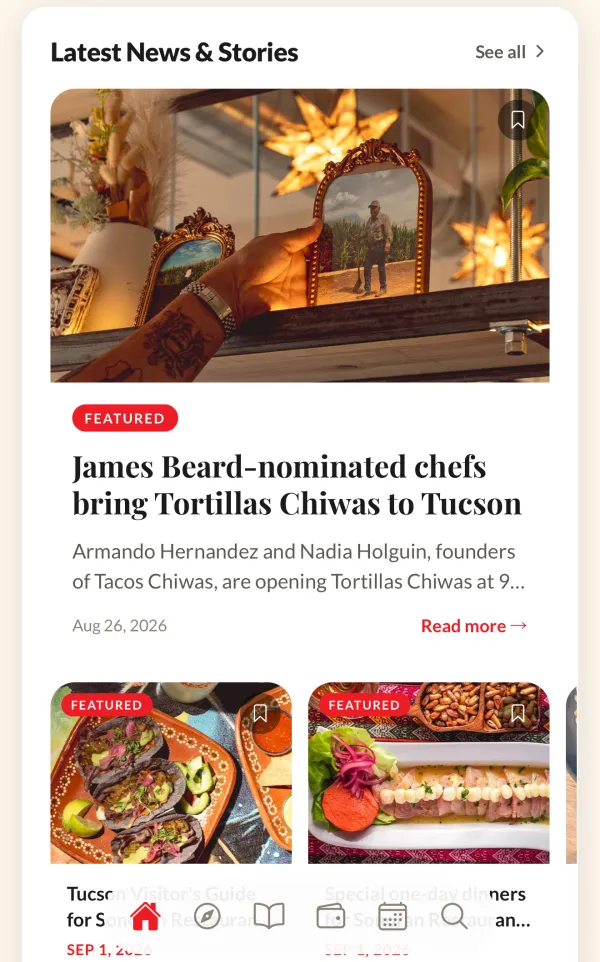 The app's home feed, showing the latest Tucson Foodie stories