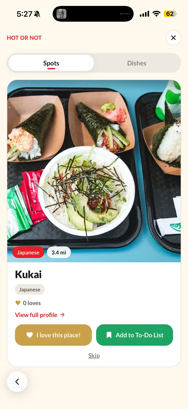 Hot or Not — a sushi spot, with love, save and skip