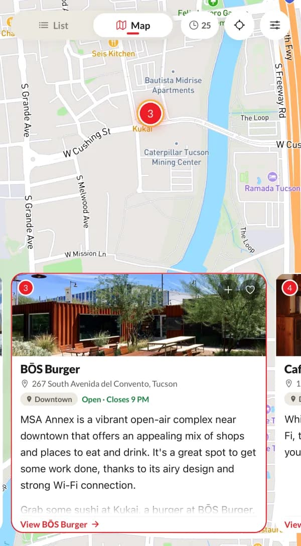 The map view with a restaurant card open