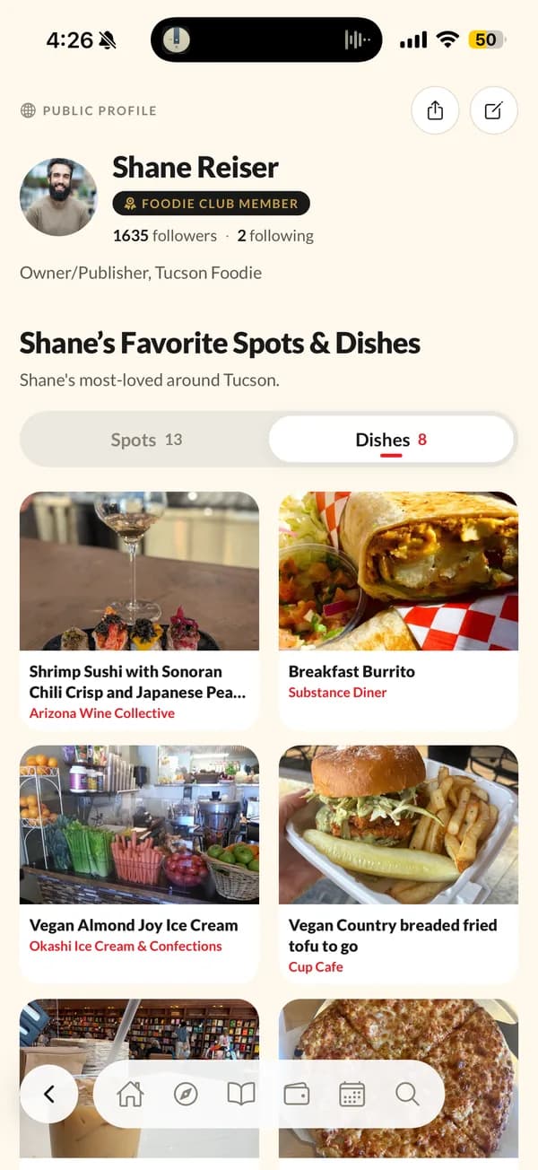 A public profile, Foodie Club Member badge and follower count above its favorite dishes