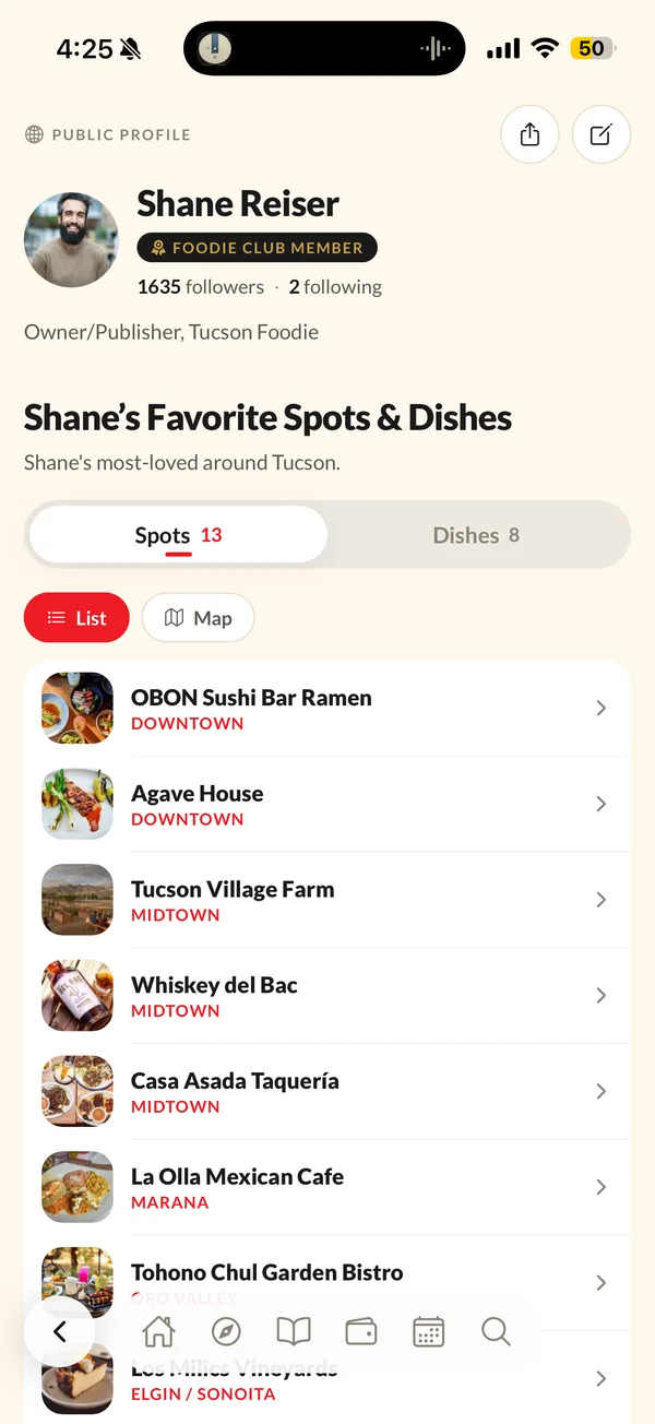 A public profile, Foodie Club Member badge and follower count above its favorite spots