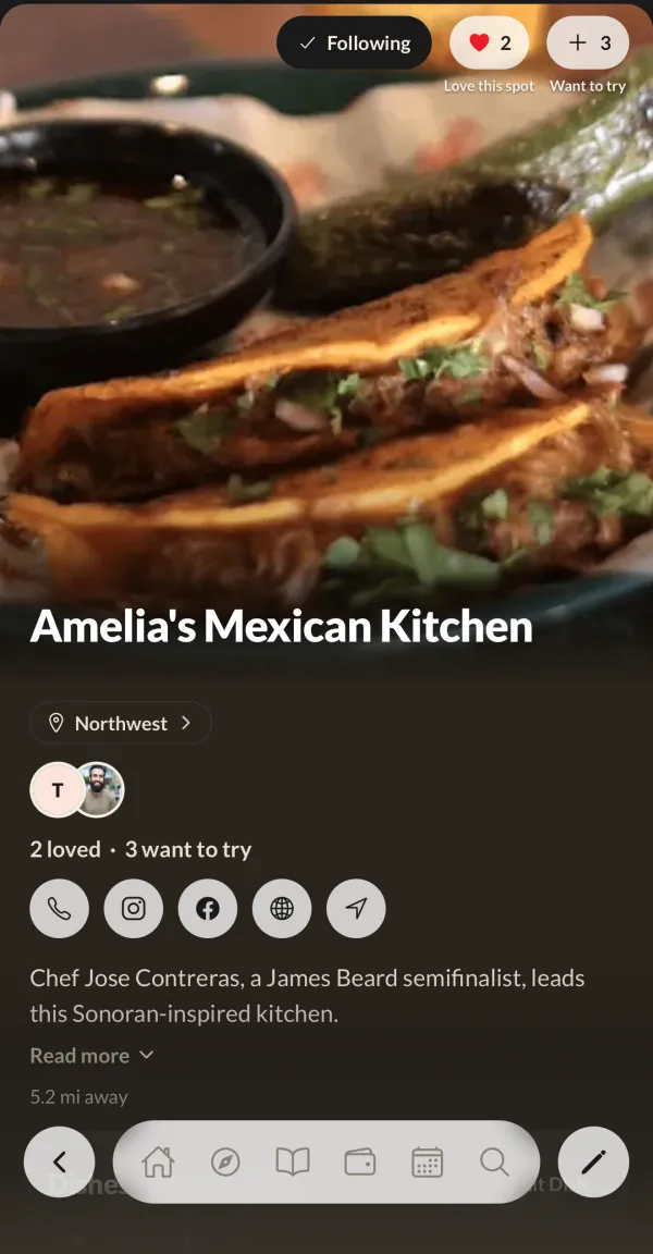 A restaurant profile you're following