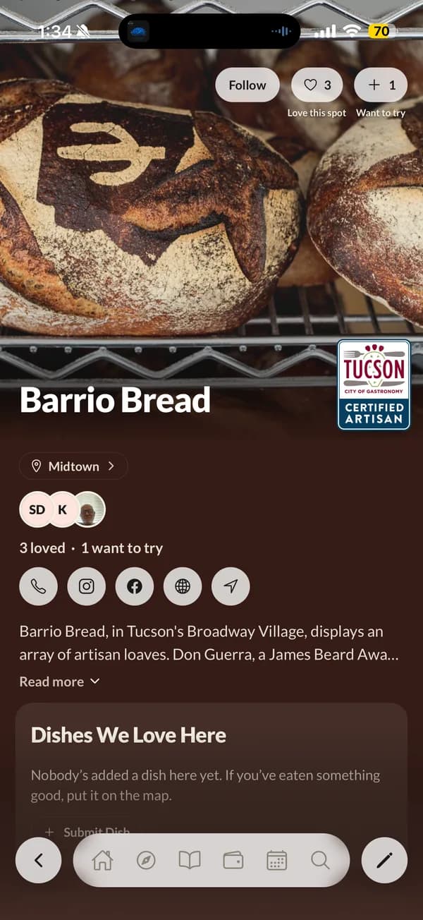 Barrio Bread's page in the app, with Follow, Love this spot and Want to try, and its Tucson City of Gastronomy certified artisan badge