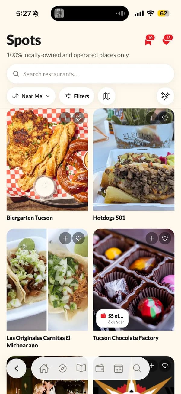 The Spots grid, browsing locally owned restaurants, with a Foodie Club perk badge on one card