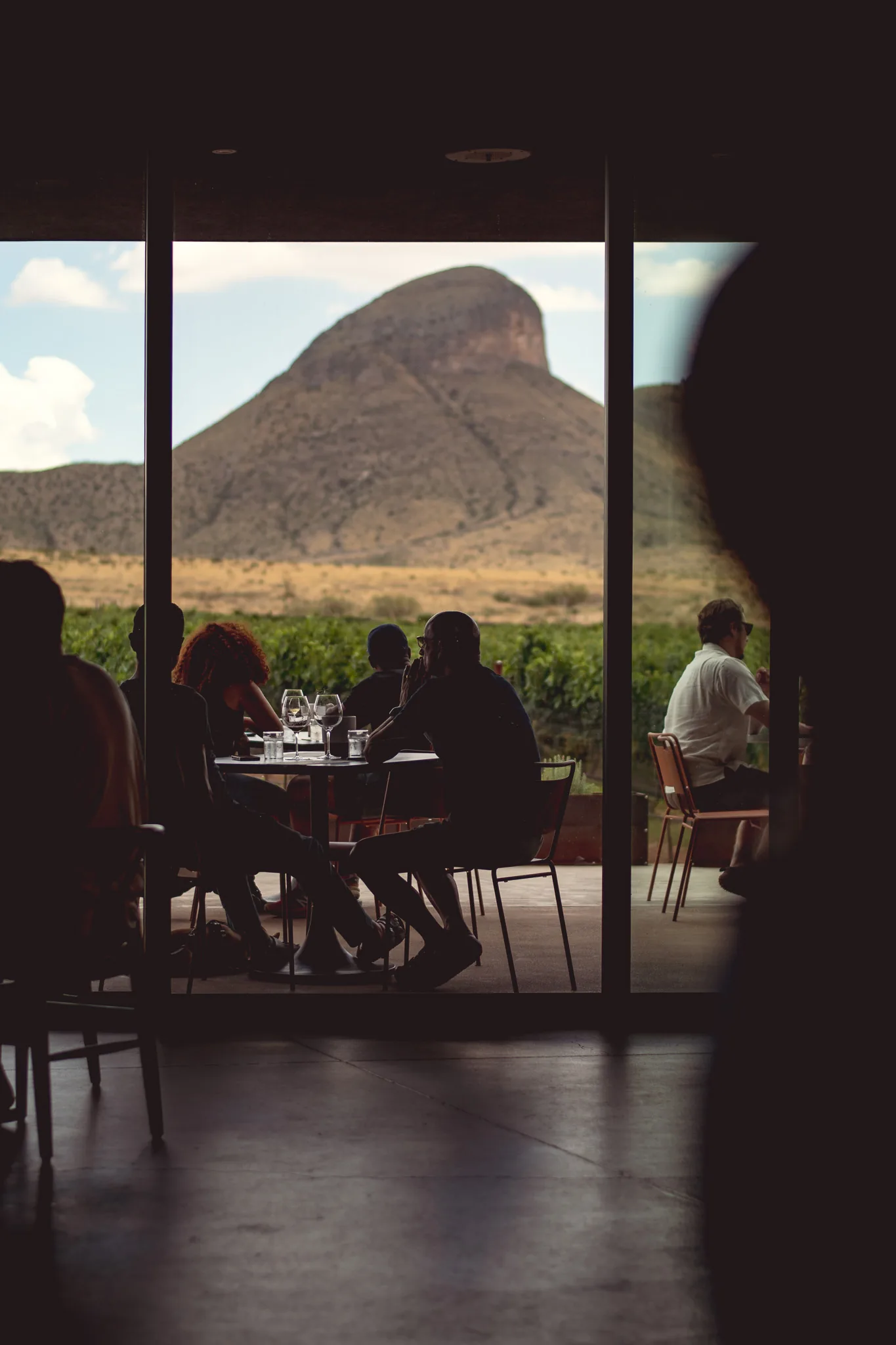 Foodie Club members in silhouette around a table at a Sonoita winery, a vineyard and a volcanic peak framed in the window beyond them.