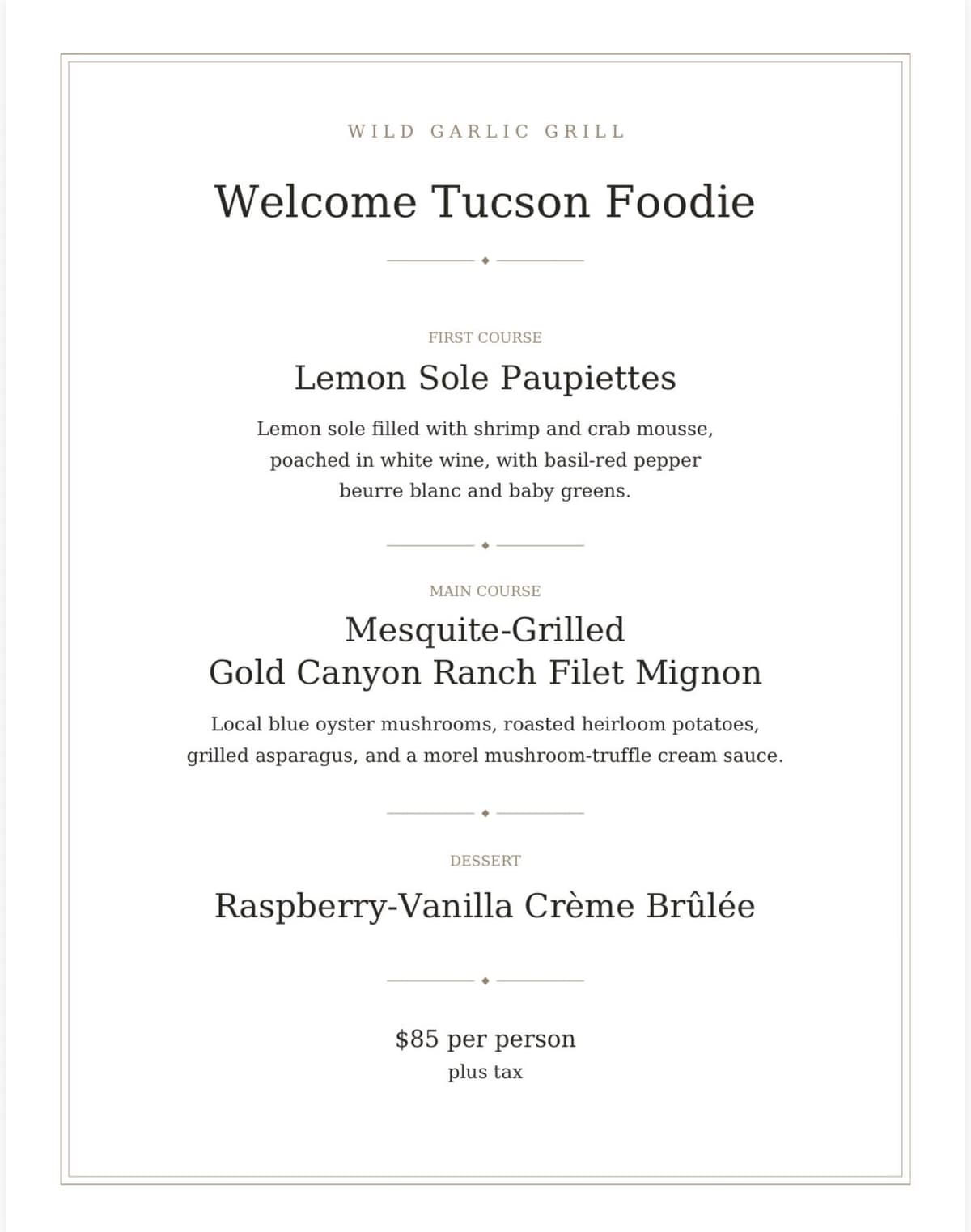 Wild Garlic grill menu