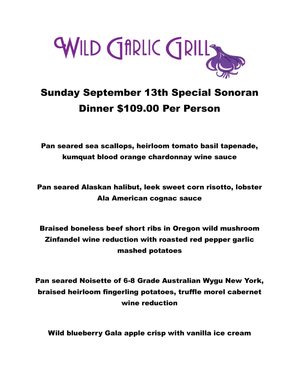 SRW Special Dinner Menu