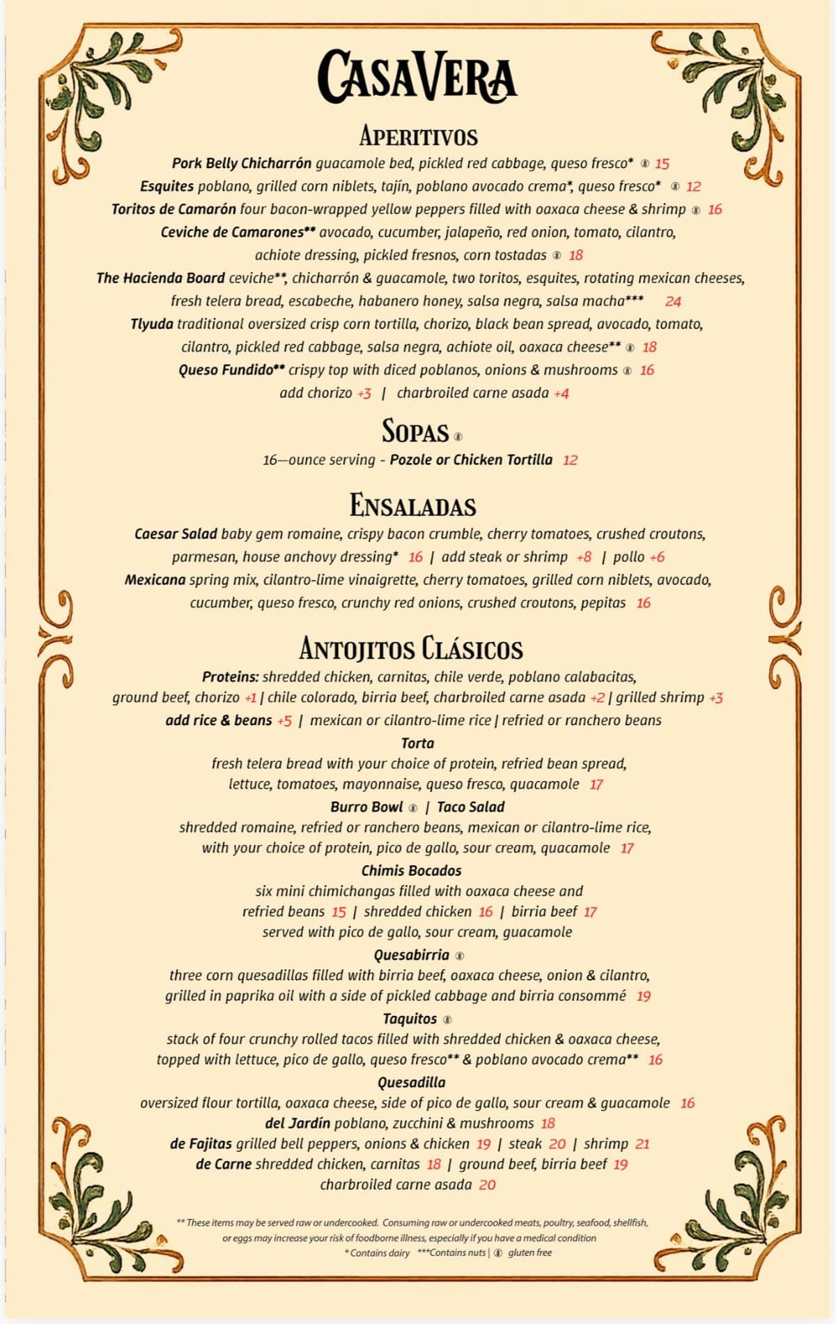 Casa Vera lunch menu