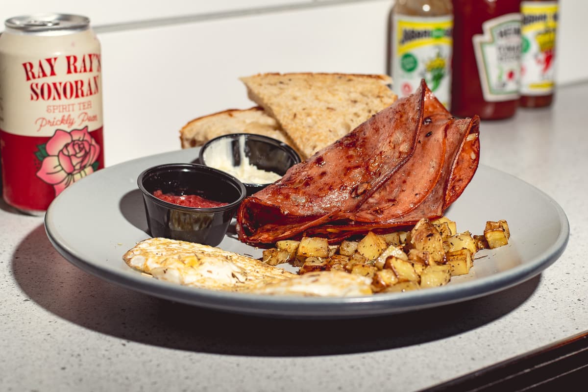 Diner's Breakfast with mortadella and Ray Ray's Sonoran Spirit Tea at Kneller's Delicatessen & Appetizing (Photo by Jackie Tran)