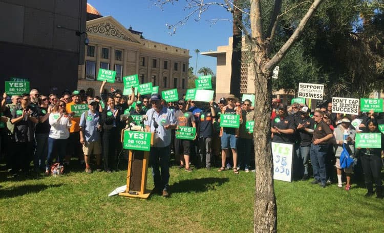 Rob Fullmer, executive director of the Arizona Craft Brewers Guild, speaks at a demonstration at the state capital with supporters of SB 1030. (Photo courtesy of Hensley Distributing.)