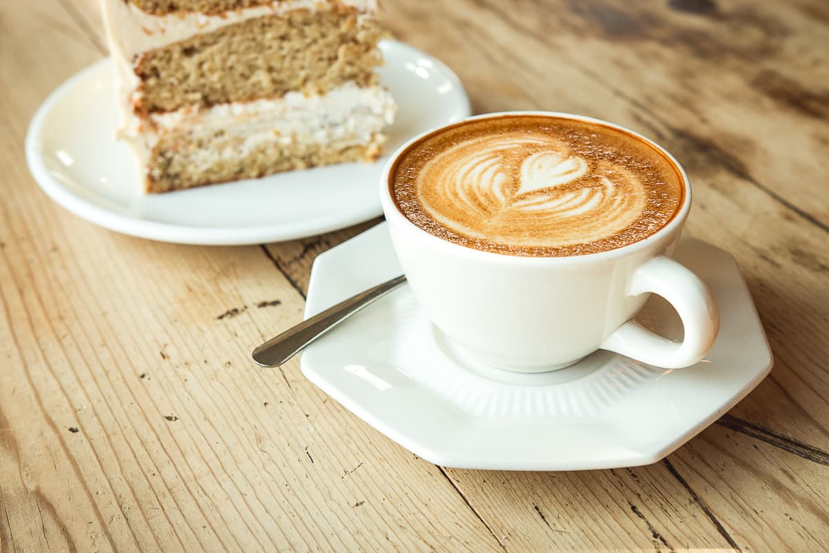 Cake and a latte at 5 Points Market & Restaurant