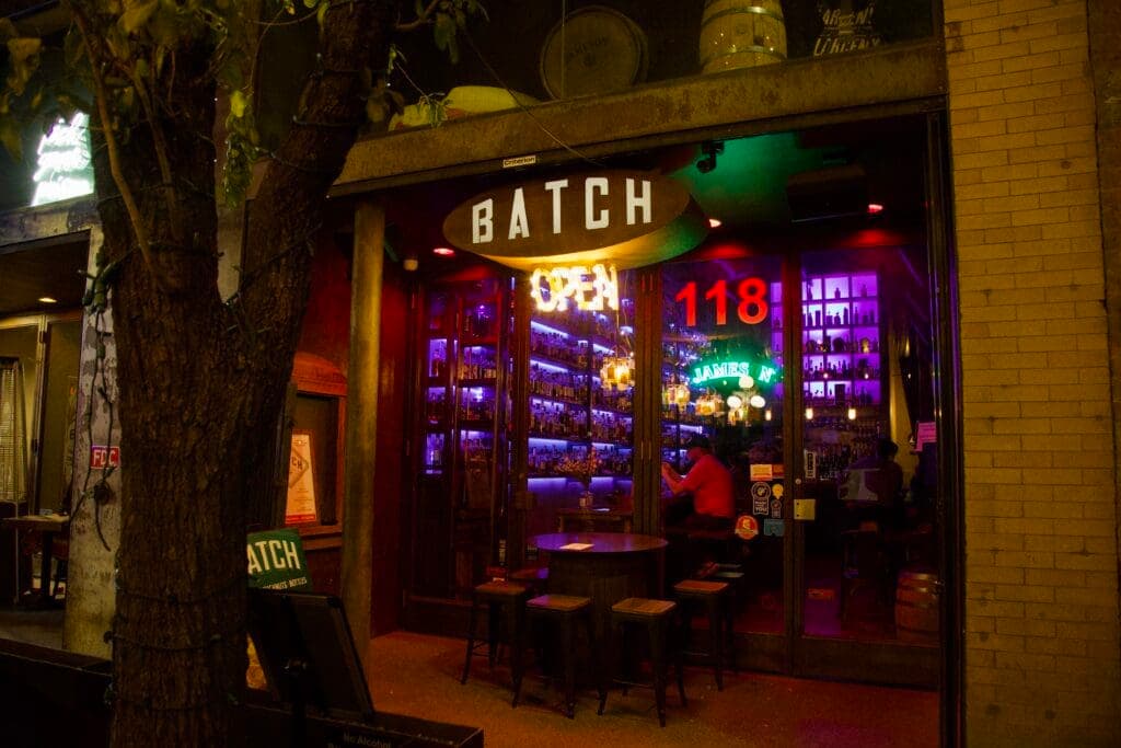 a store front at night