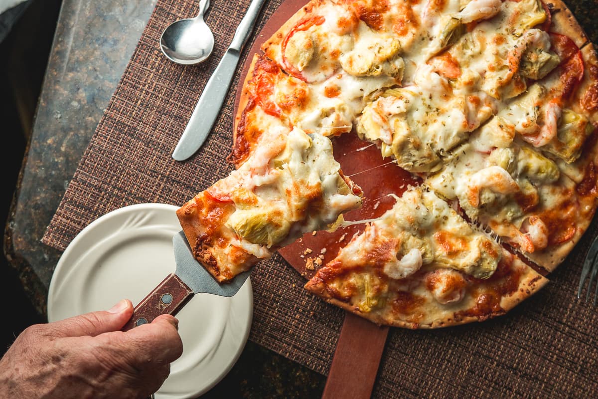 Artichoke Shrimp Pizza at Bazil's