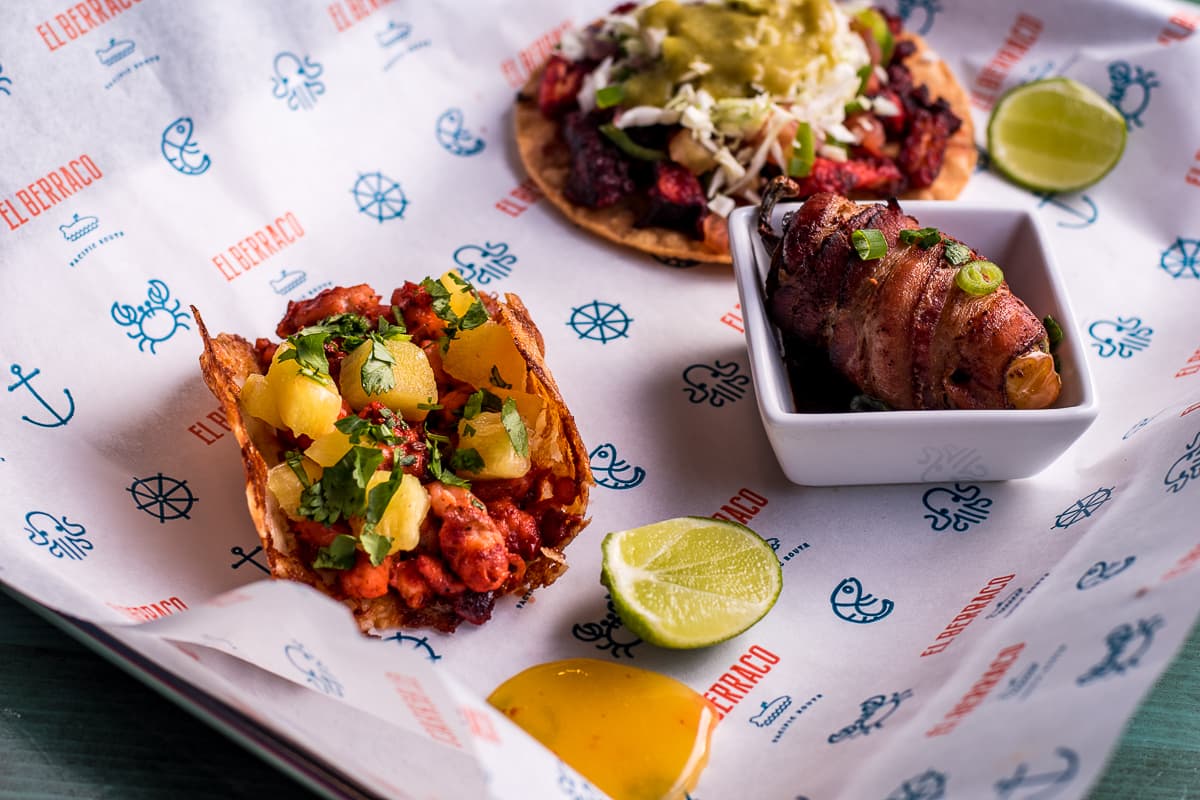 Lunch Combo with Shrimp Pastor Taco, Octopus ChicharrĂłn Tostada, and Torito at El Berraco (Credit: Jackie Tran)
