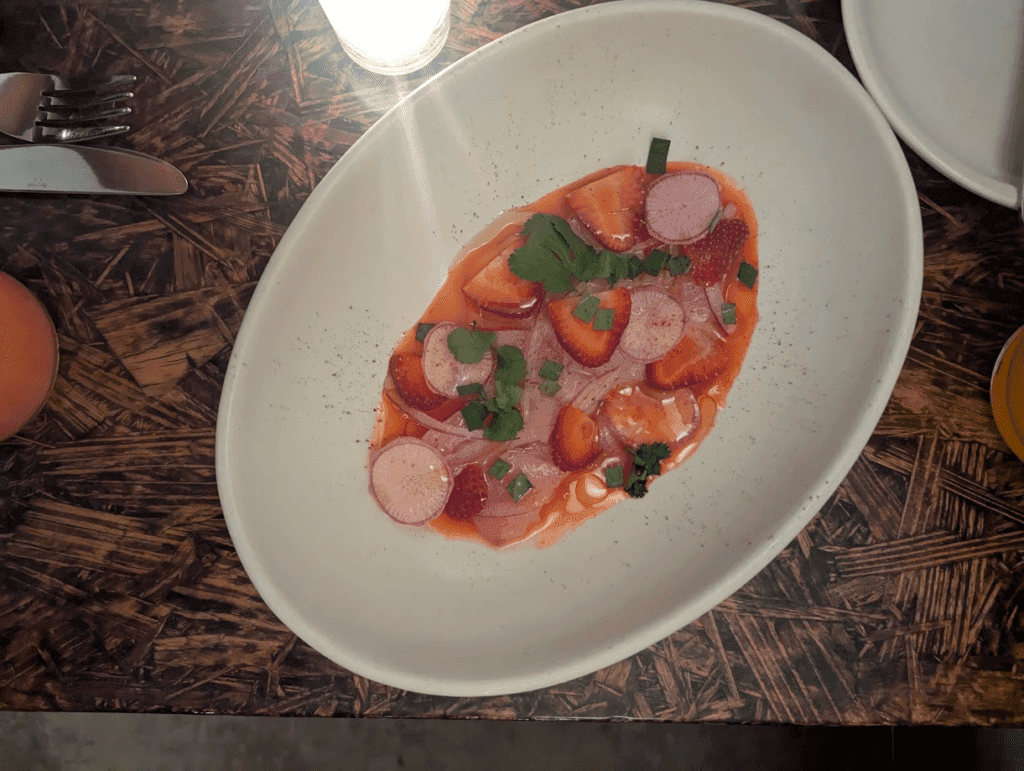 Hamachi aguachile with strawberry and habanero at Tito & Pep (Photo by Jackie Tran)