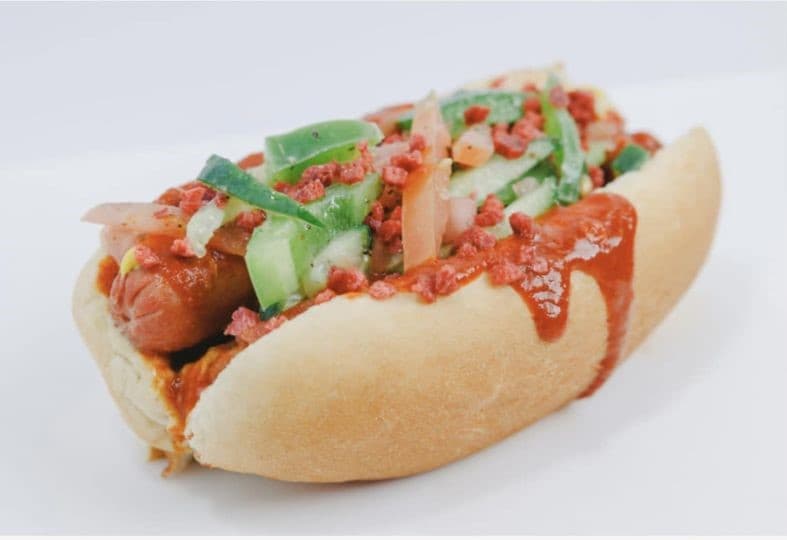 a hot dog on a bun