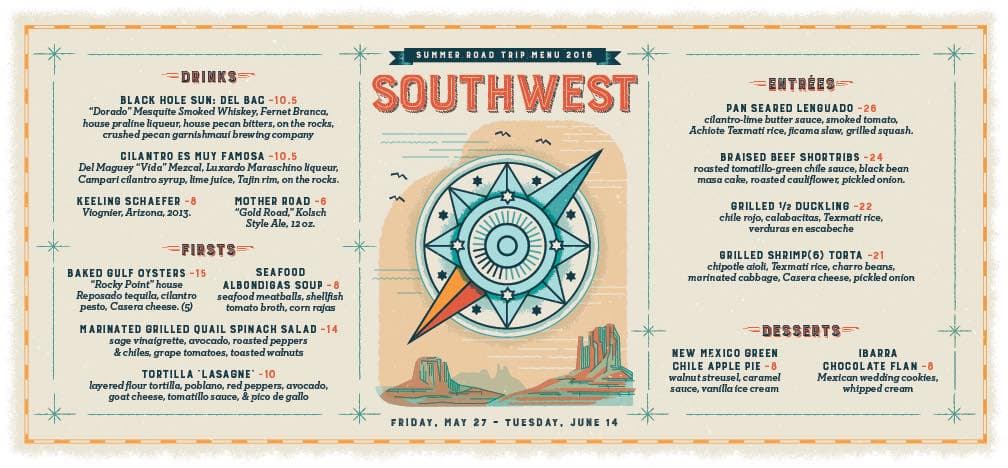 Kingfisher Southwest Roadtrip 2016 Menu