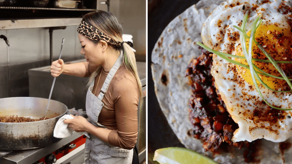 a woman cooking food in a bowl