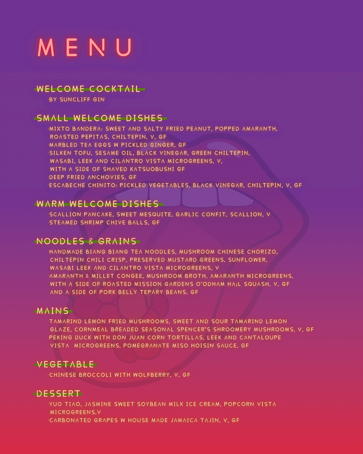 Welcome Cocktail, small welcome dishes, Noodles and grains, mains & vegetables by Suncliff Gin