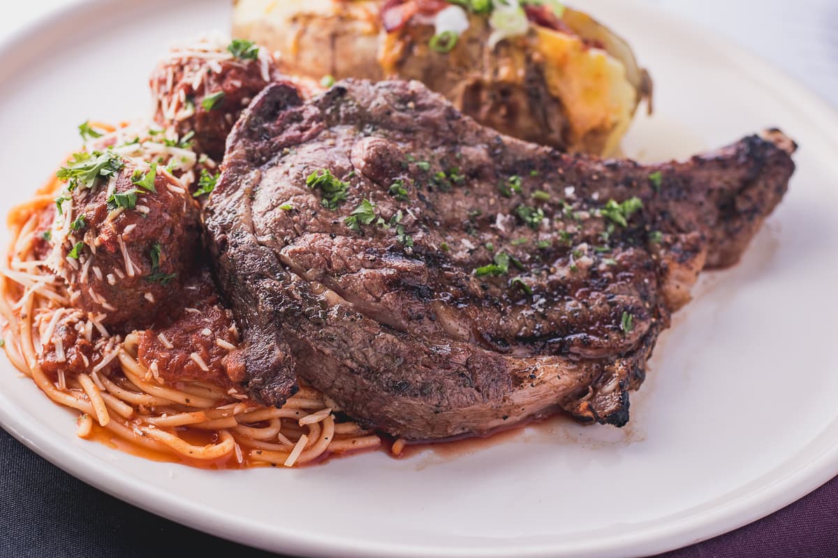 Spaghetti and Ribeye at Classic Spaghetti Western Steakhouse (Credit: Jackie Tran)