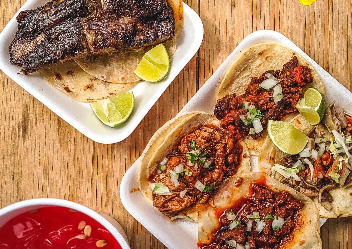 Costilla, Birria, Chicharrón en Salsa Roja, Chile Rojo, and Tripitas Tacos at El Taco Rustico at the Tohono O'odham Swap Meet