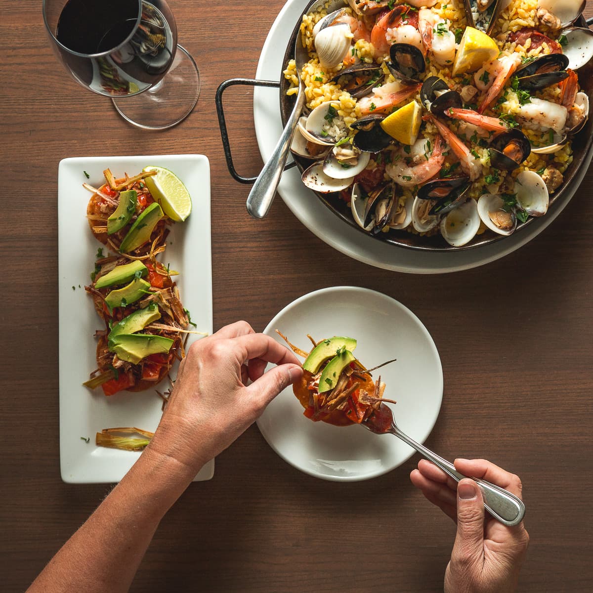 Tostada Contramar and Paella Valencia at Contigo Latin Kitchen (Credit: Jackie Tran)