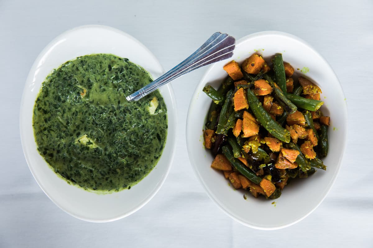 Paalak Paneer and Green Bean & Carrot Curry at Curry Leaf Indian Restaurant (Credit: Taylor Noel Photography)