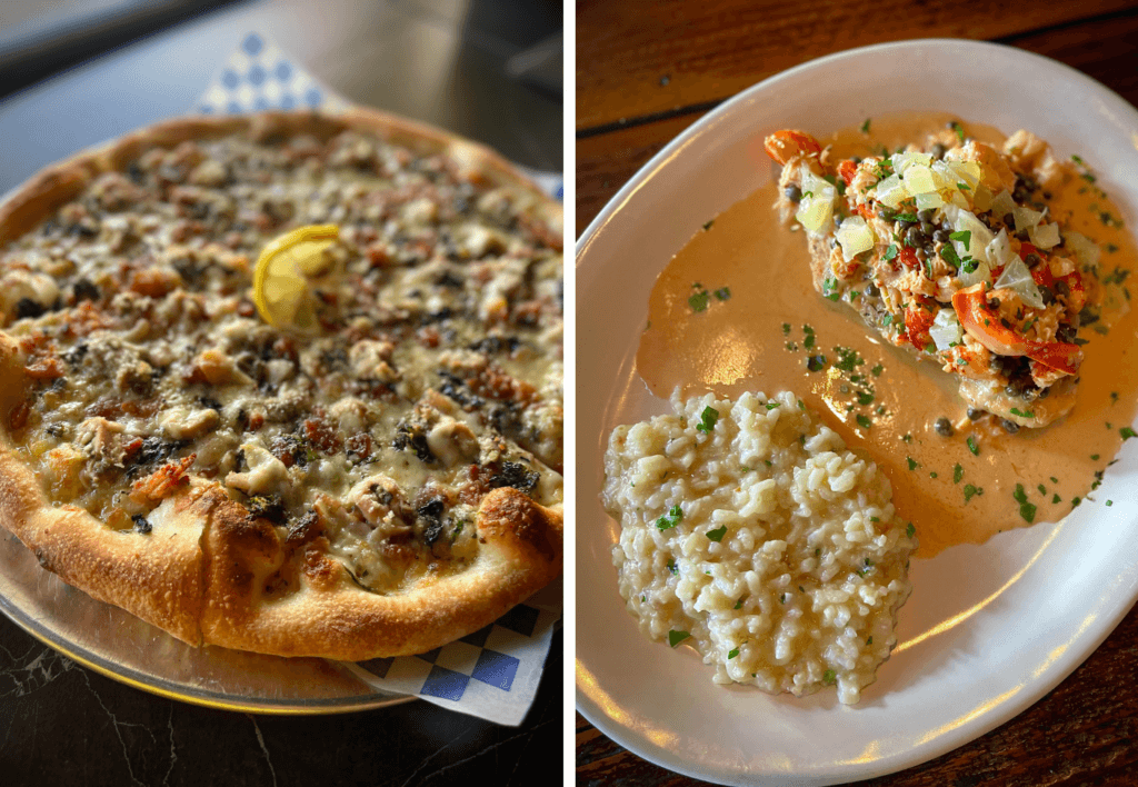 a pizza sitting on top of a plate of food