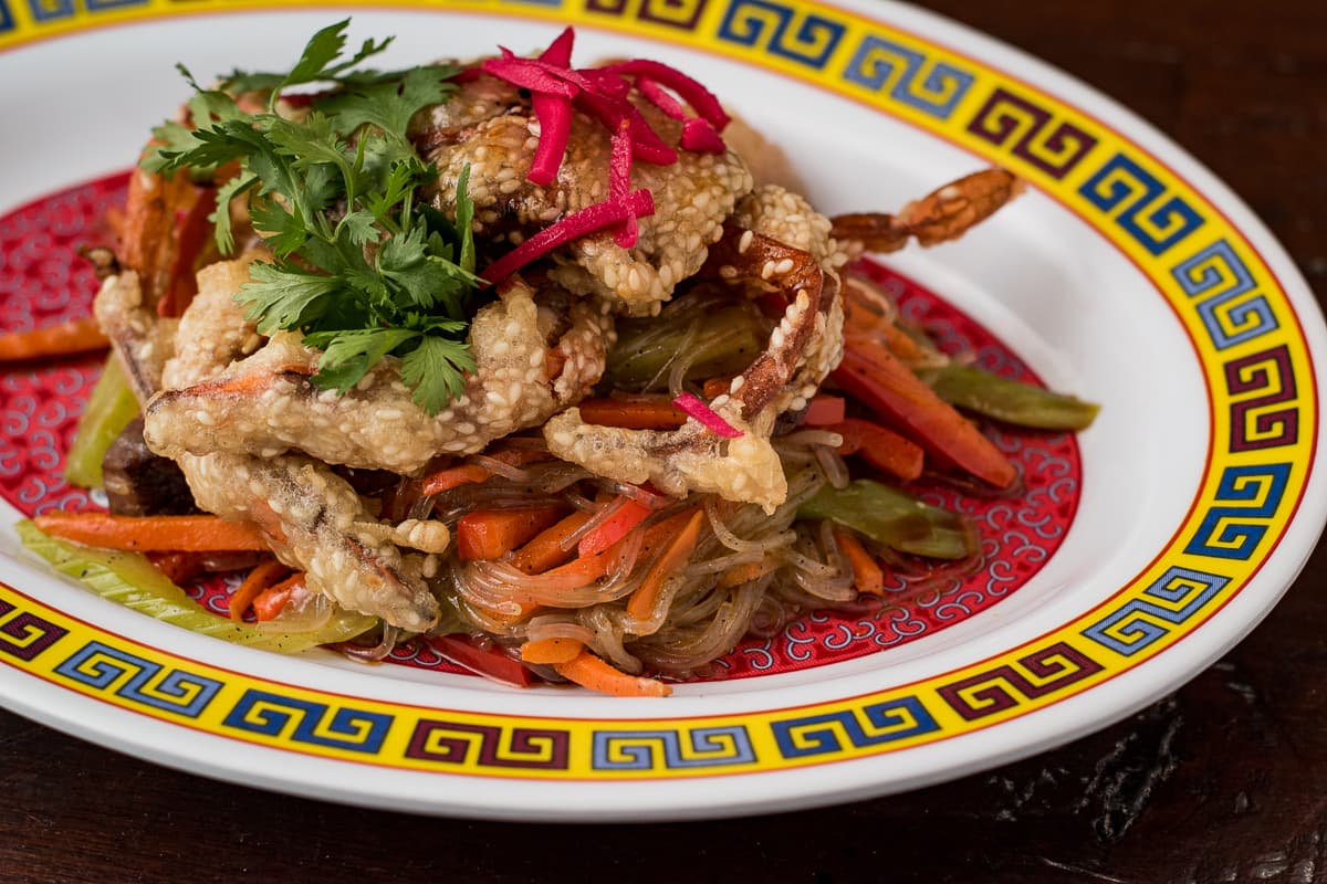 Sesame Soft Shell Crab w/ Macanese Stir-fried Rice Vermicelli at DOWNTOWN Kitchen + Cocktails (Credit: Jackie Tran)