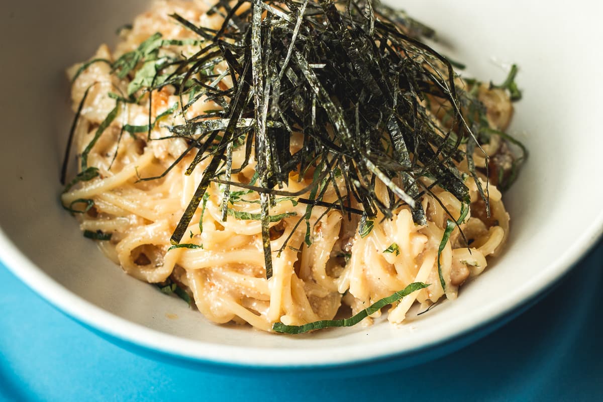 Mentaiko Spaghetti with Roasted Oyster Mushrooms at DOWNTOWN Kitchen + Cocktails (Credit: Jackie Tran)