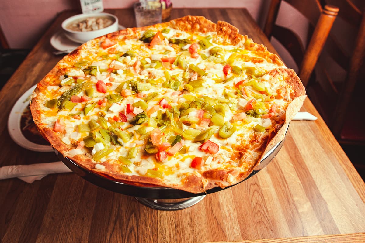 Tomato, Onion, Green Chile Cheese Crisp at El Minuto Cafe