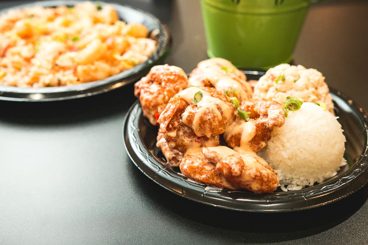 Bang Shrimp and Shrimp Fried Rice plates at Solid Grindz (Credit: Jackie Tran)