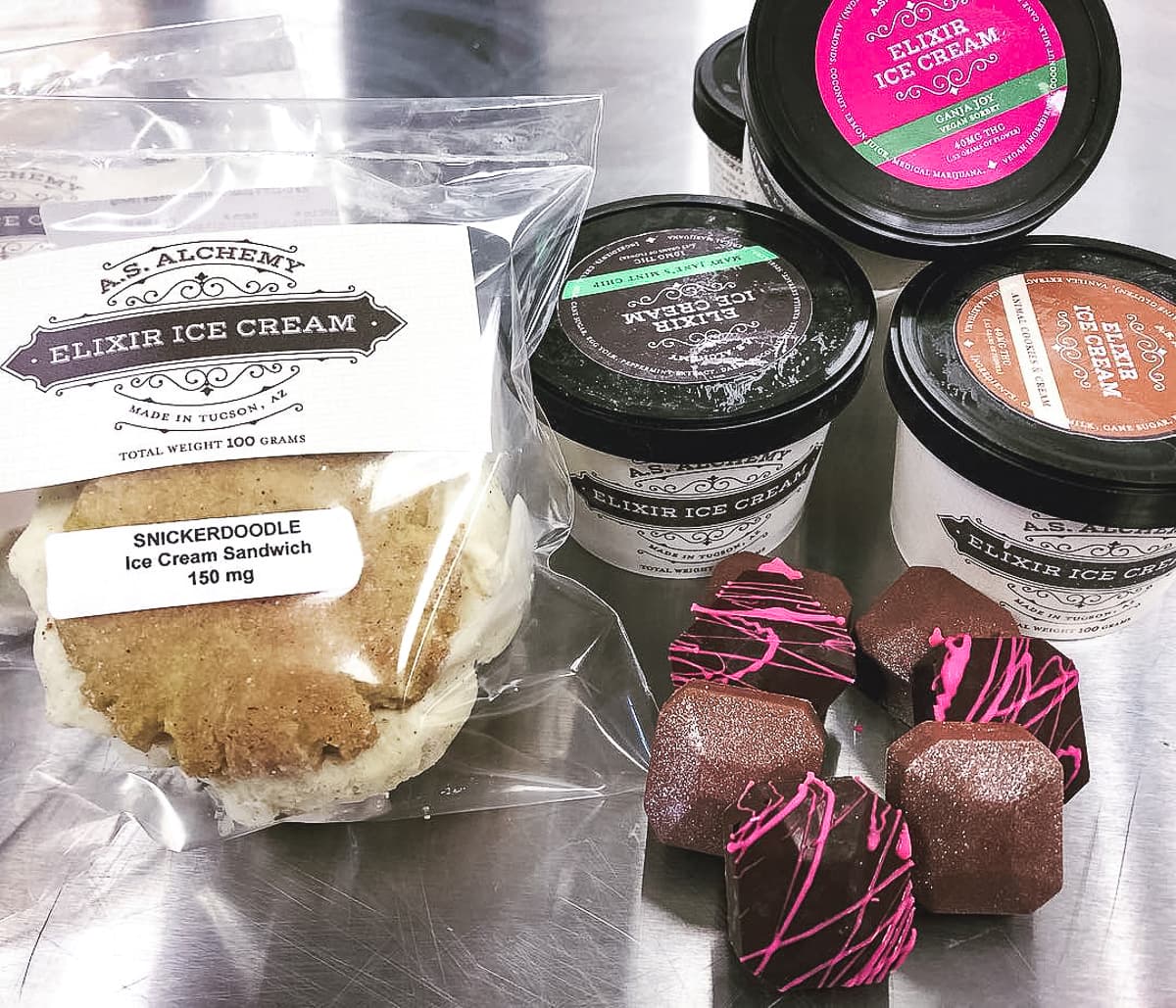 Snickerdoodle ice cream sandwich, chocolate gems, and ice cream from Elixir Ice Cream (Photo courtesy of Elixir Ice Cream)