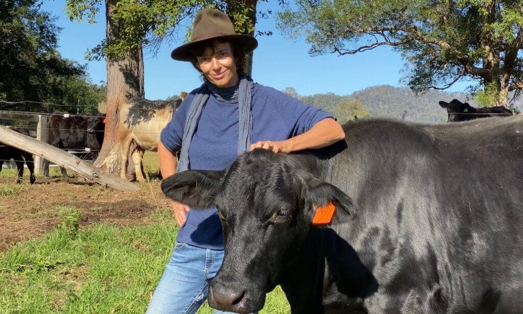 Rachel Ward + cow, Rachel's Farm