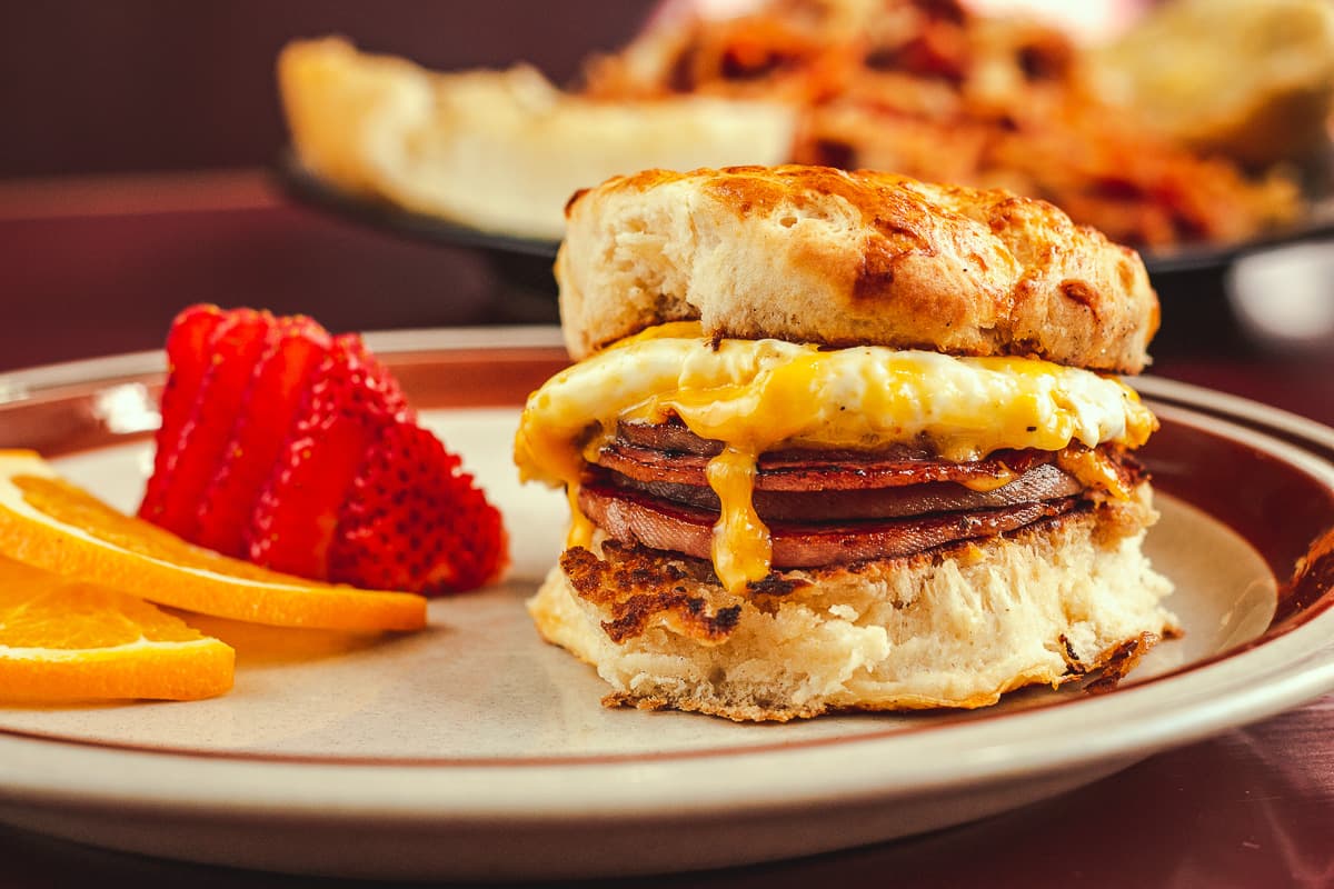 One Egg Biscuit with Meat (Pork Roll) and Cheese at Raptor Canyon Cafe (Credit: Jackie Tran)