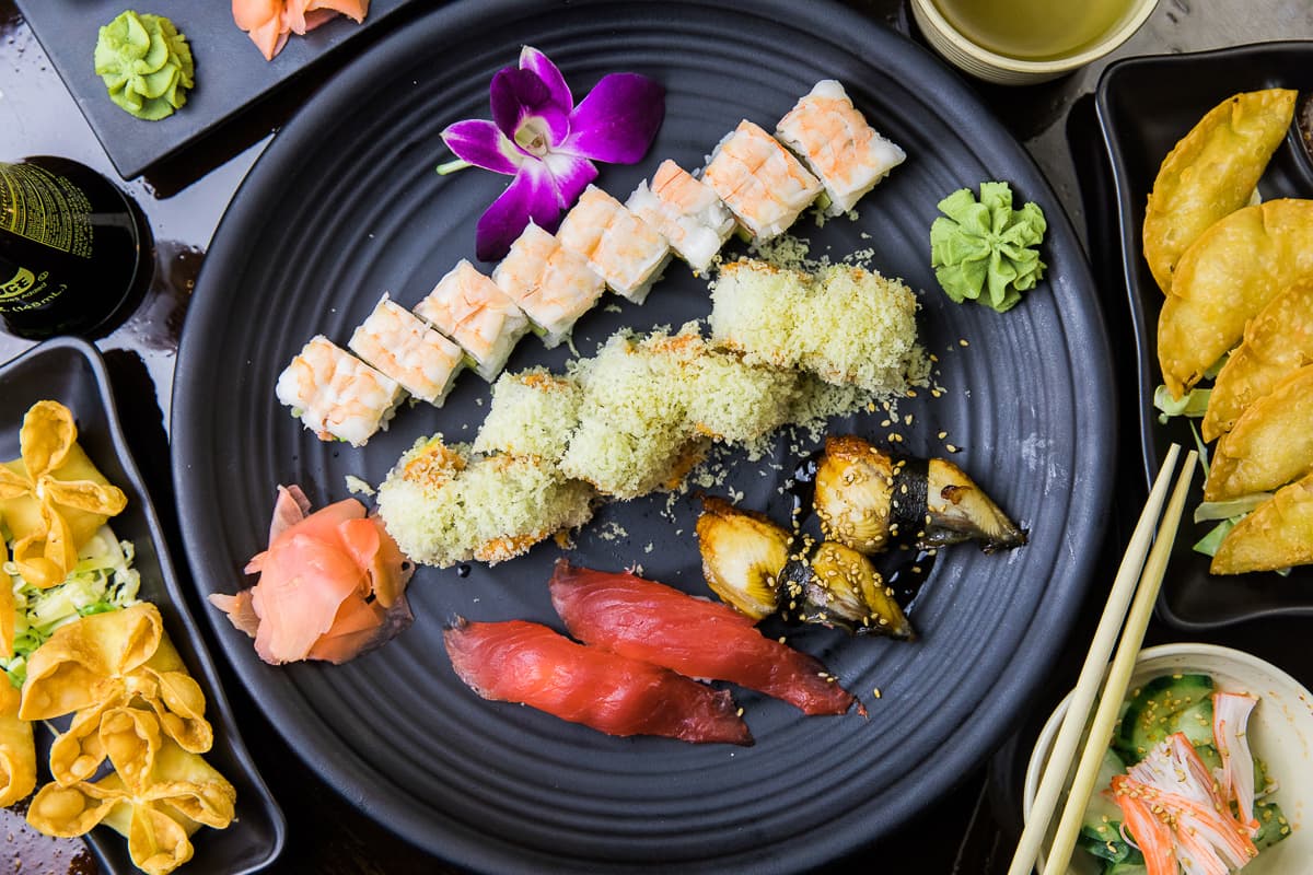 Spread of food from all-you-can-eat at Sushi Cortaro on River (Credit: Taylor Noel Photography)