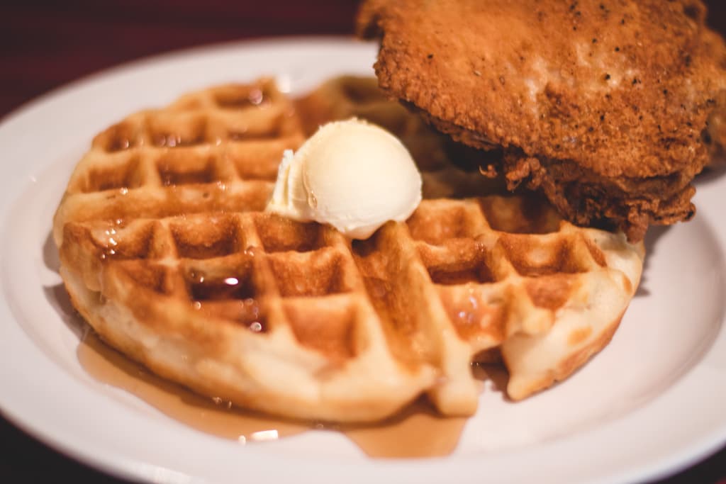Waffle and fried chicken thigh at J's Chicken & Waffles (Credit: Jackie Tran)