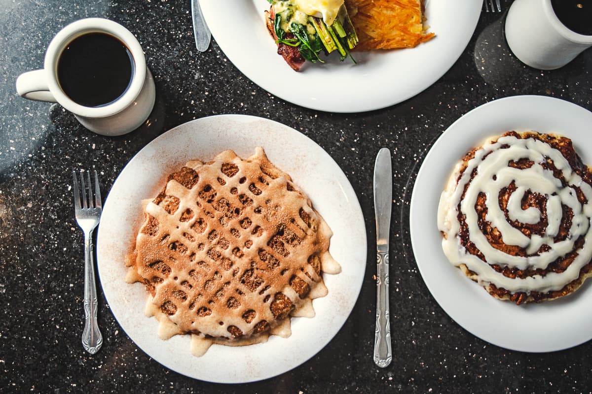 Snickerdoodle Pancake, Shelby Benedict, and Pecan Roll Pancake at Baja Cafe (Credit: Jackie Tran)