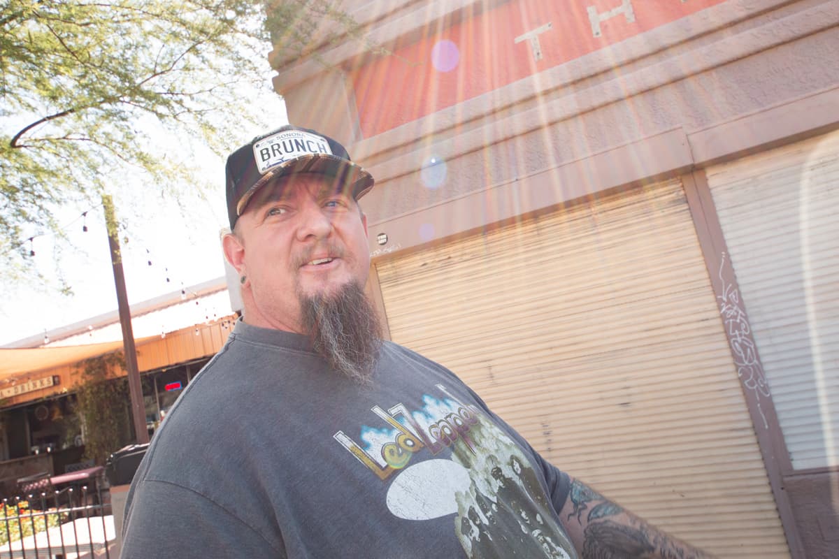 Lindy Reilly in front of shuttered B-Line space, soon to become Thunderbacon Burger Co.