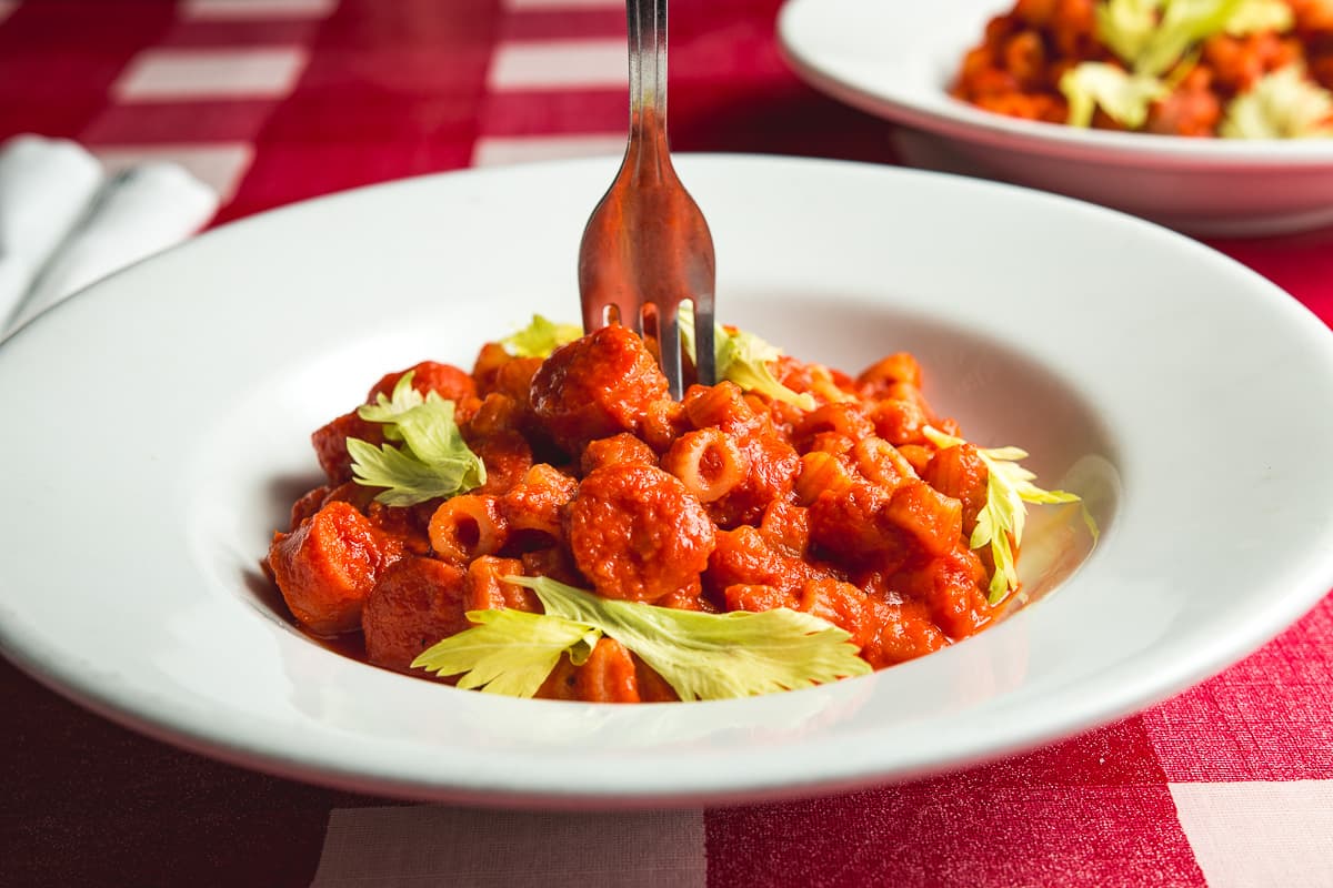 House-made Spaghetti Os with hot dogs at Mama Louisa's (Credit: Jackie Tran)