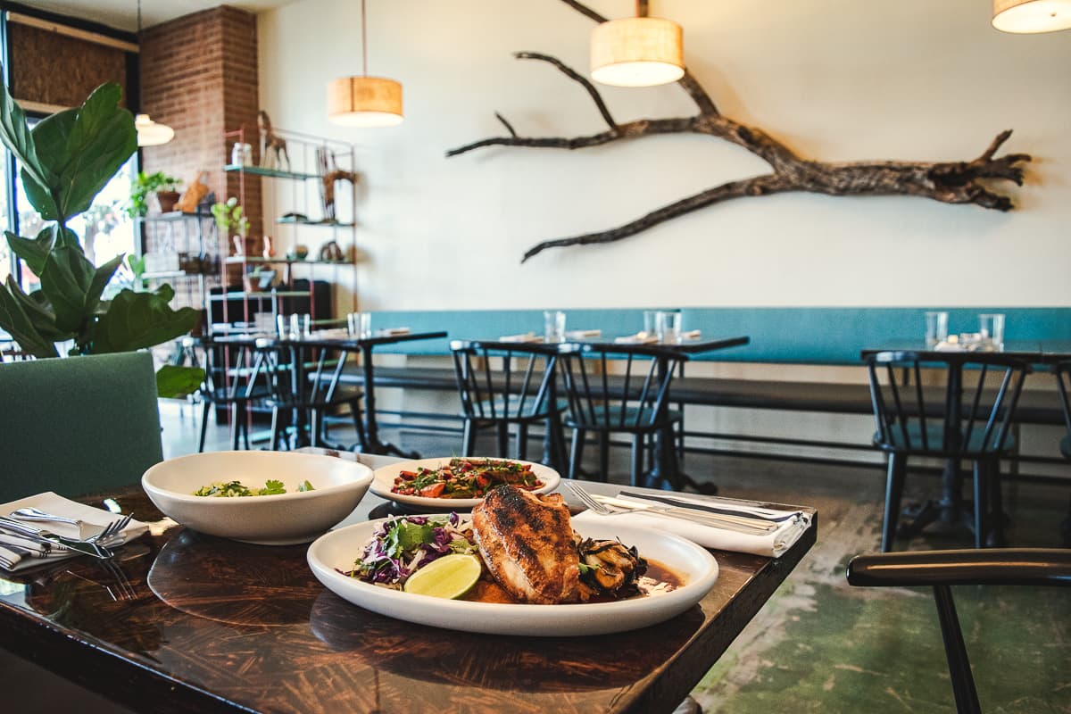 Kampai Aguachile, Roasted Carrots, and Pollo Asado at Tito & Pep (Credit: Jackie Tran)