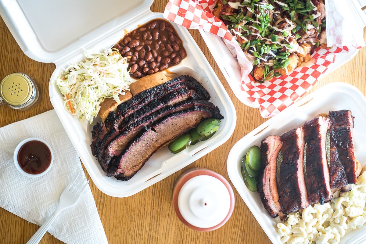 Brisket, Loaded Tots, and Ribs at Red Desert BBQ (Credit: Jackie Tran)
