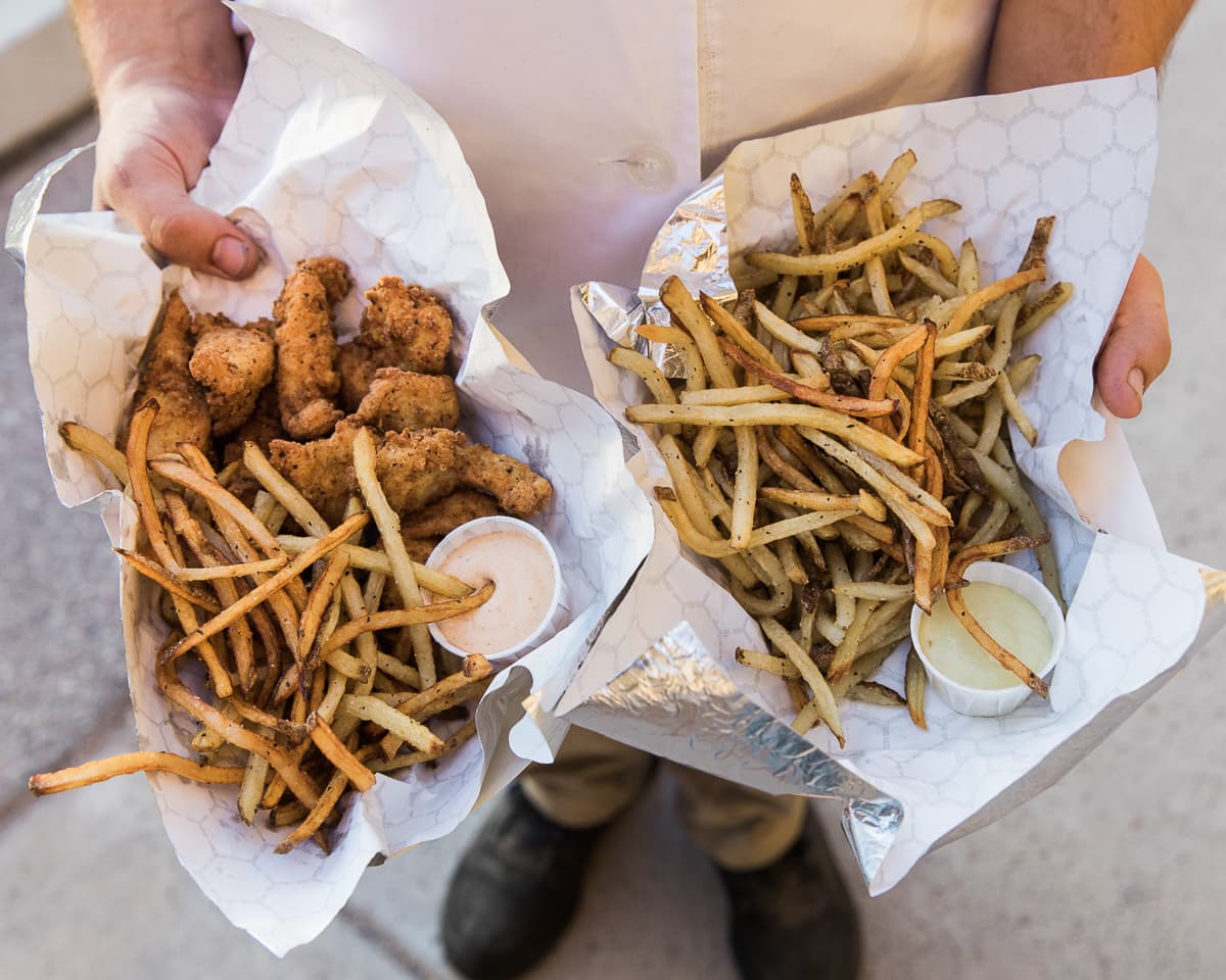 Fried mushrooms battered with Copper Mine Brewing Co.'s Irish Red Ale and a side of fries at Molecular Munchies (Credit: Taylor Noel Photography)