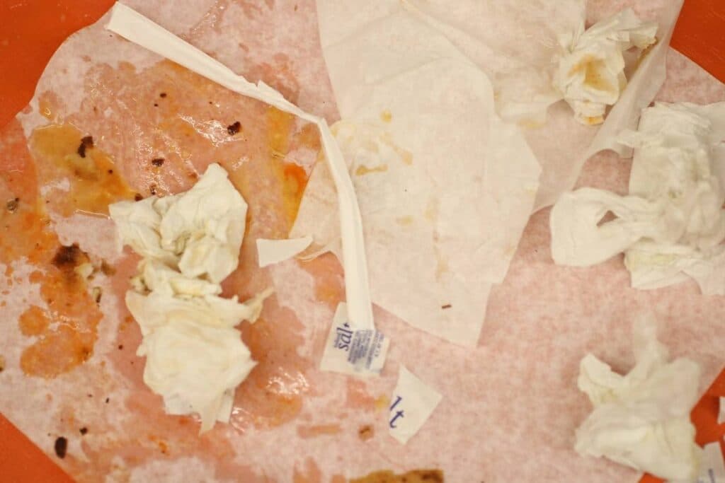 Grease and napkins remain after a meal is finished at Paco’s Mexican Food (Photo by Noor Haghighi)