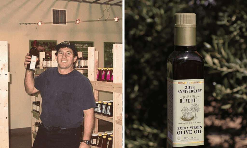 Throwback photo of Perry Rea (left), new limited-edition EVOO (right) (Photos courtesy of Queen Creek Olive Mill)