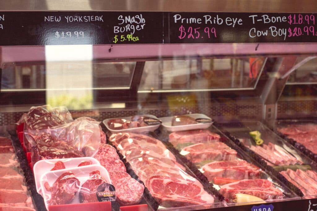 Meat case at Rancheros Carniceria on Grant Road (Photo by Jackie Tran)