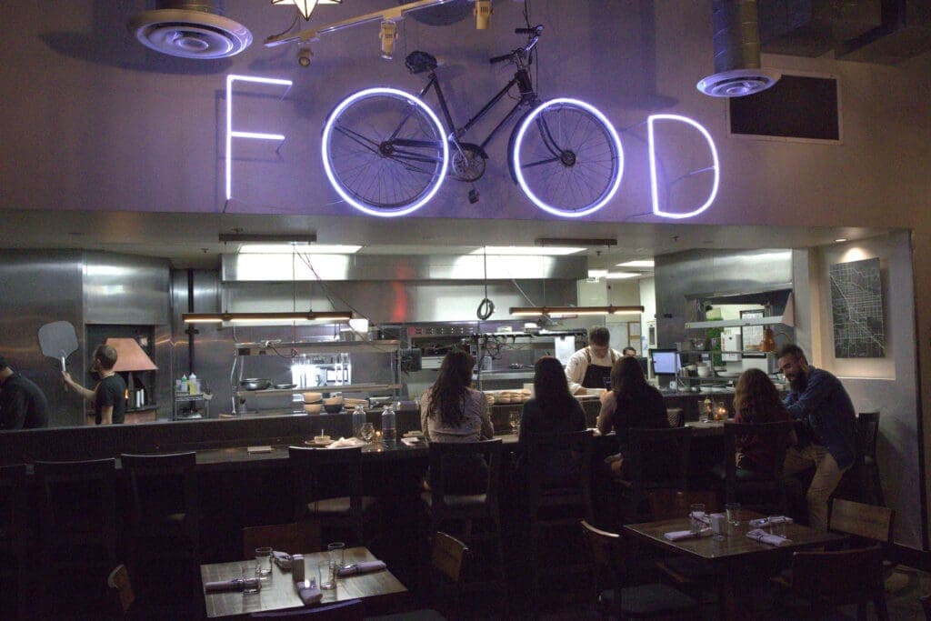 a group of people in a restaurant